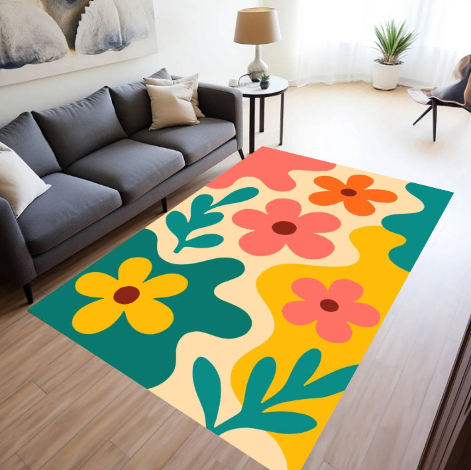 Modern Floral Area Rug, Washable Retro Flower DesignTVC1708393