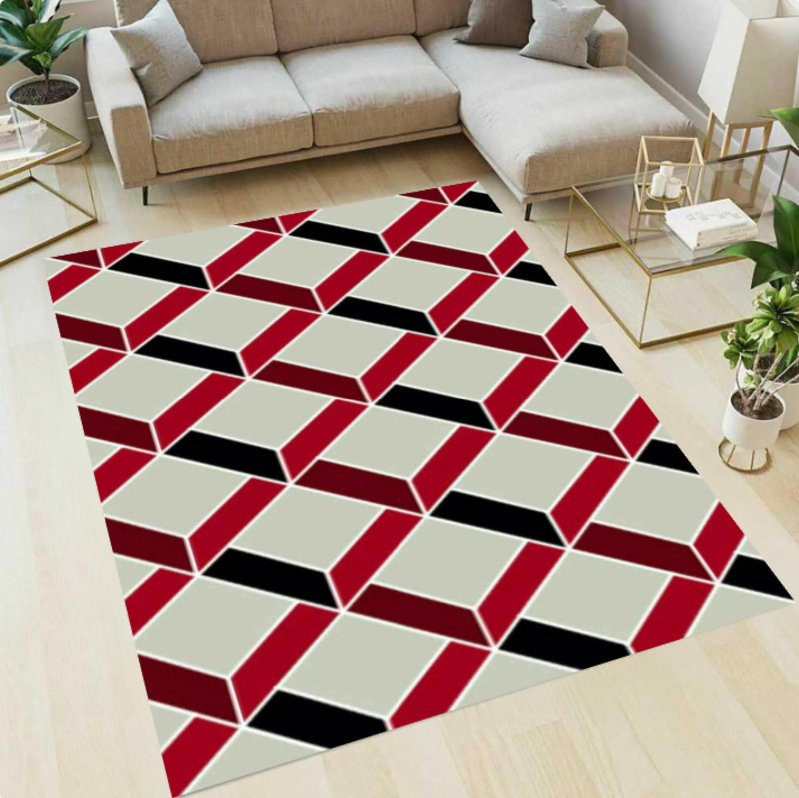 Modern Geometric Area Rug, Red Black Cream Optical Pattern CarpetTVC1708389