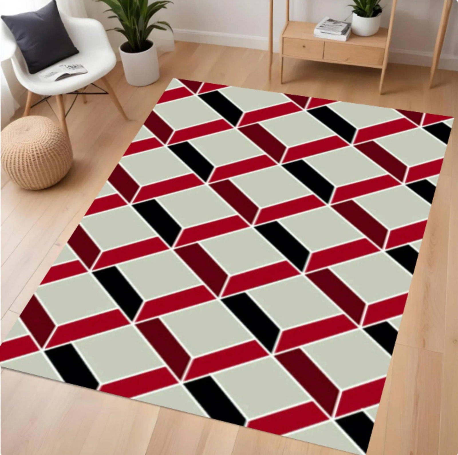 Modern Geometric Optical Illusion Rug - Red, Black & Cream Washable Area RugTVC1708367