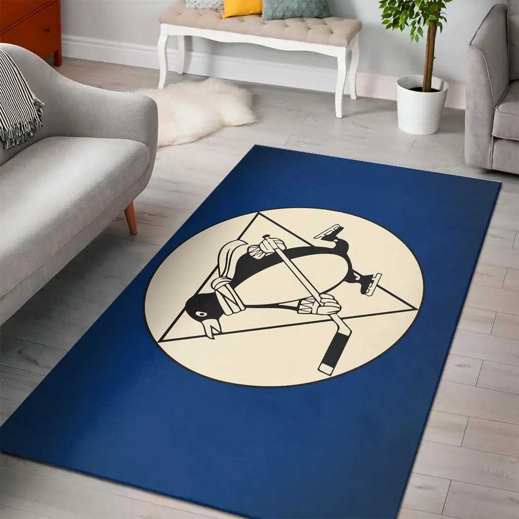 Modern Hockey Penguin Area Rug for Living Room Decor Beige and Blue