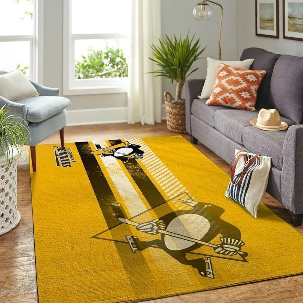 Modern Hockey Penguins Area Rug for Living Room Decor Black and Yellow