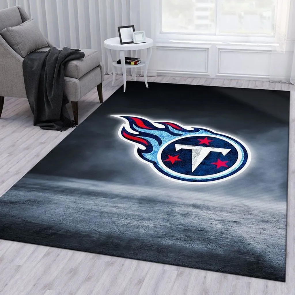 Modern Living Room Rug with Flaming Logo Design Black and Blue