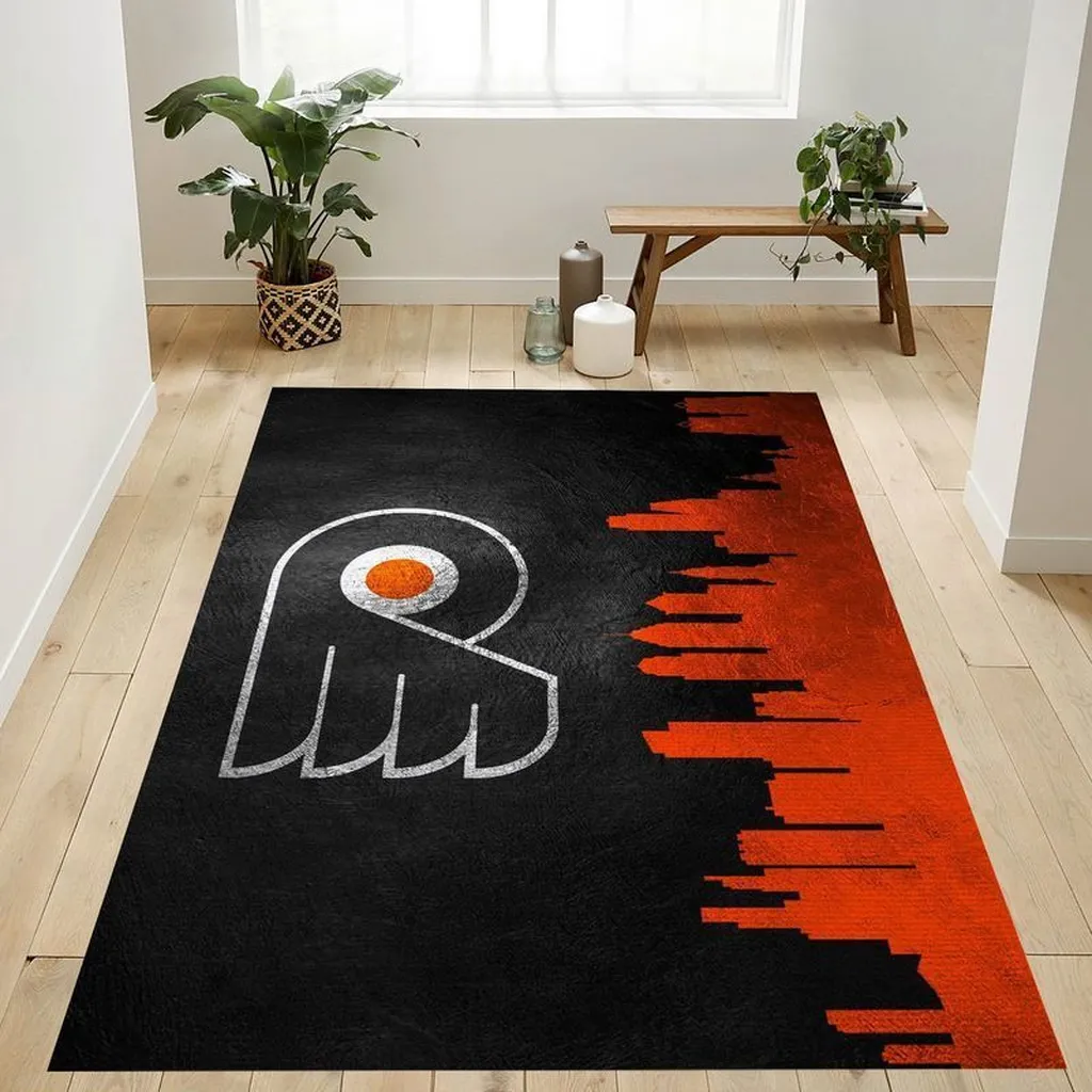 Modern Rug City Skyline Abstract Design for Living Room Black and Orange
