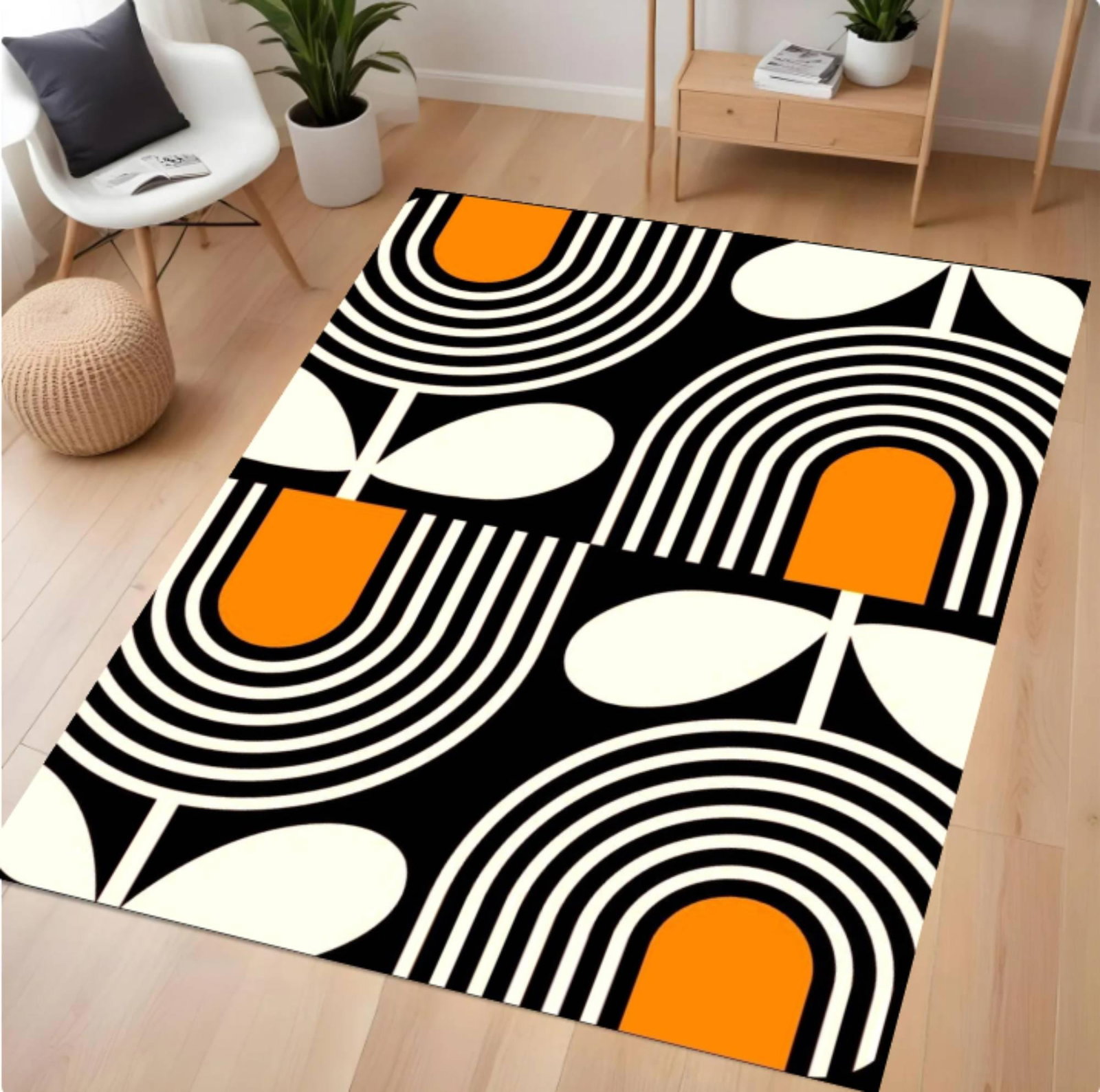 Modern Rug From Midden of Eeuw Abstract Geometric Zwartoranje WashableTVC1708371