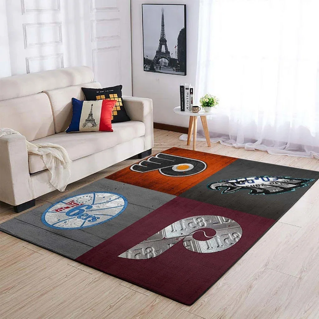 Modern Rug with Vintage Sports Logo Design Beige and Black