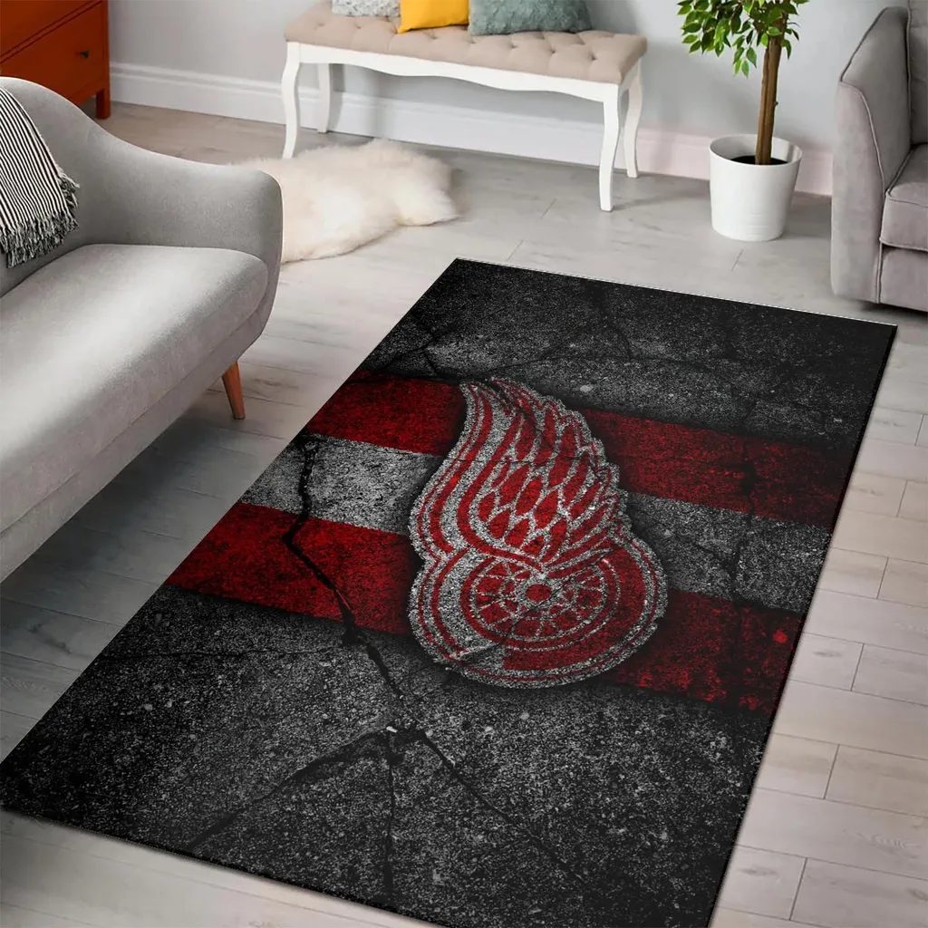 Modern Rug with Winged Wheel Design for Living Room Decor Black and Red