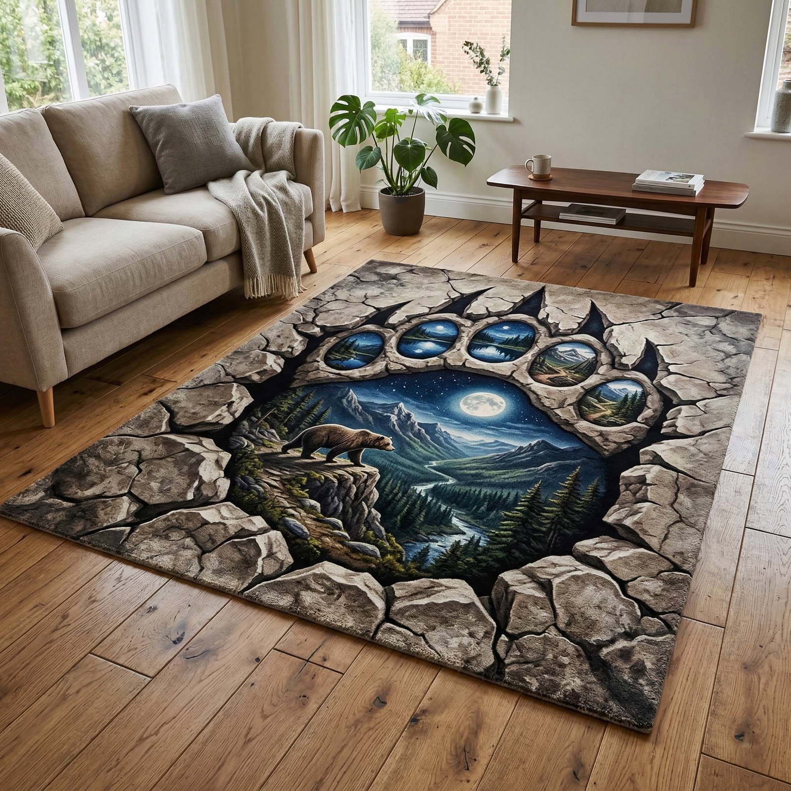 Moonlit Bear Area Rug - Non-Slip Washable 3D Print Rug for Living Room & BedroomTVC2108158