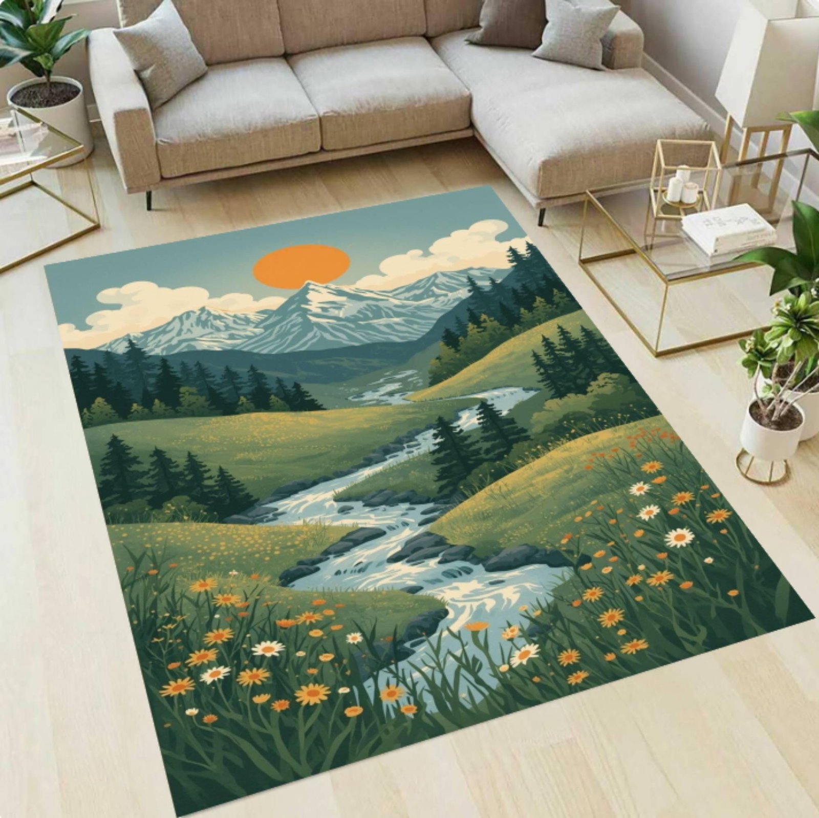 Mountain Landscape Area Rug, Vintage Cottagecore StyleTVC1708393
