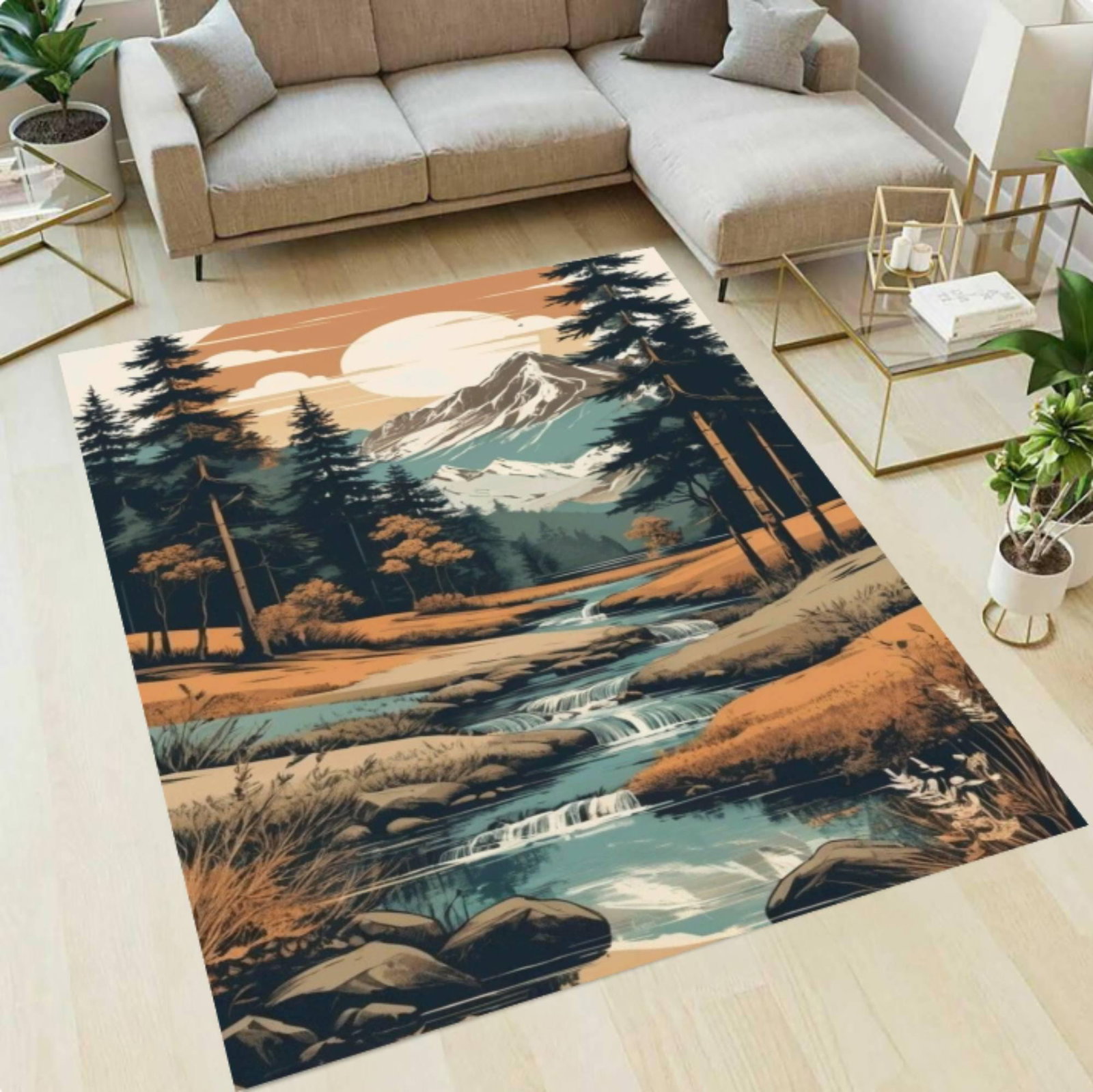 Mountain River Landscape Area Rug, Cabin Lodge DecorTVC1708393