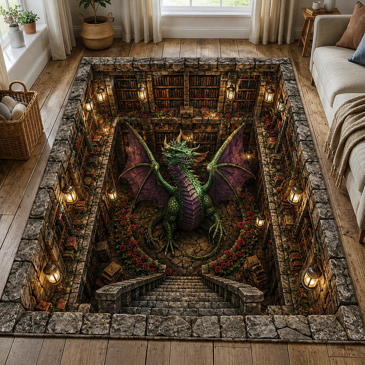 Mystic Library Guardian Area Rug - Non-Slip Washable 3D Print Rug for Living Room & Bedroom (DesignTVC2108194