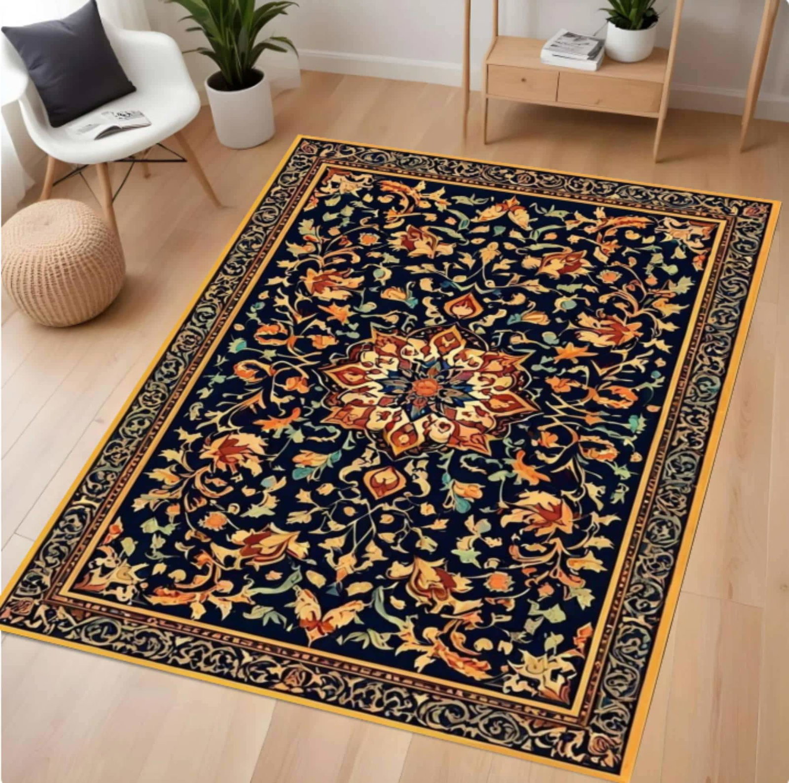 Navy Blue Rug Vintage Bloemenstijl WashableTVC1708371