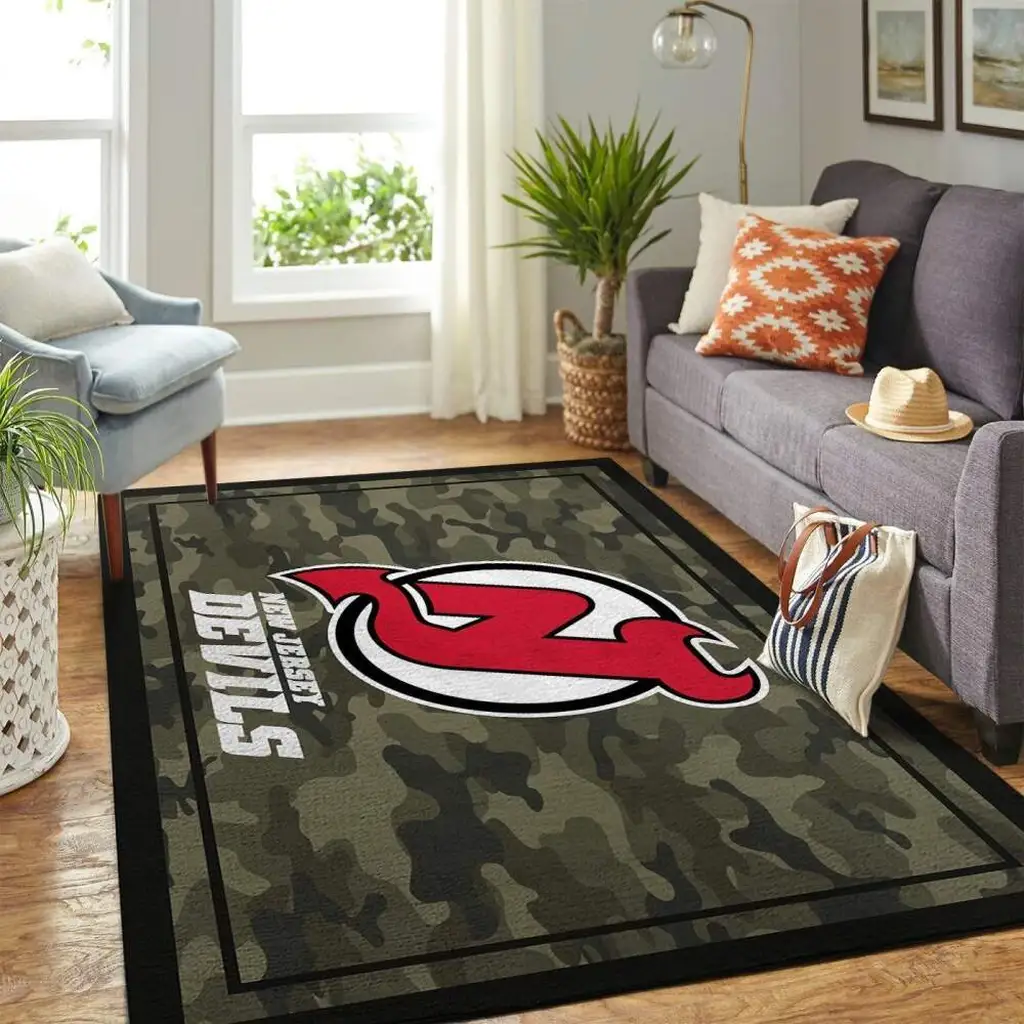 New Jersey Devils Rug - Camo with Logo Perfect for Living Room Decor Green and Red
