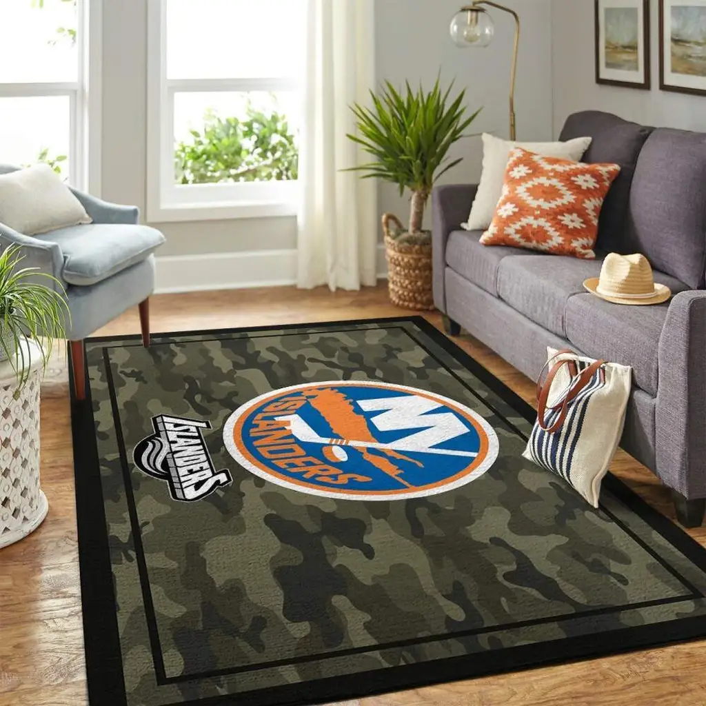New York Islanders Rug - Camo Featuring Logo Design Black and Green