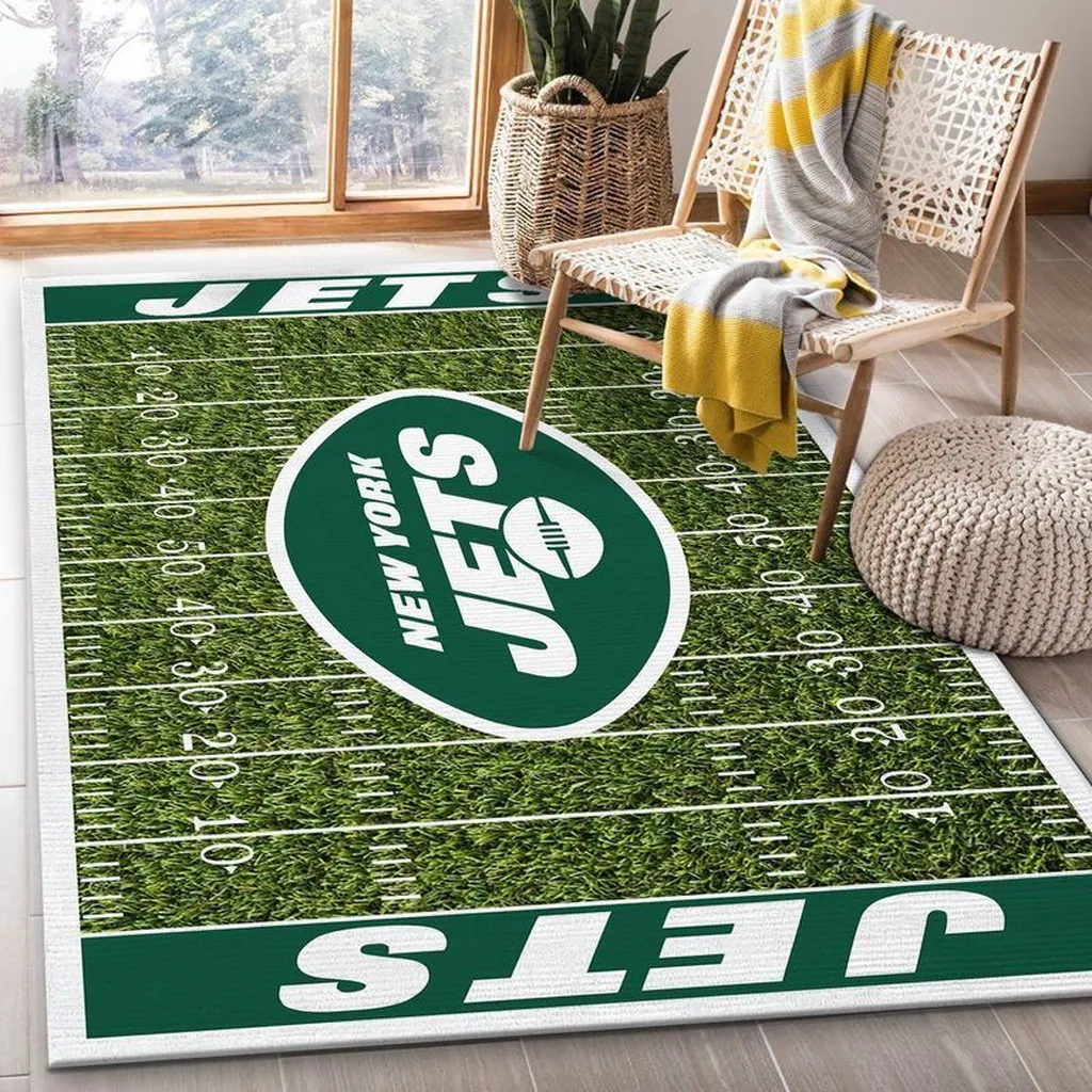 New York Jets Rug - Football Field Team Decor Carpet Green and White