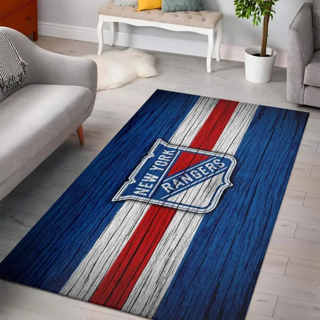 New York Rangers Rug - Striped Team Logo for Living Room Blue and Red