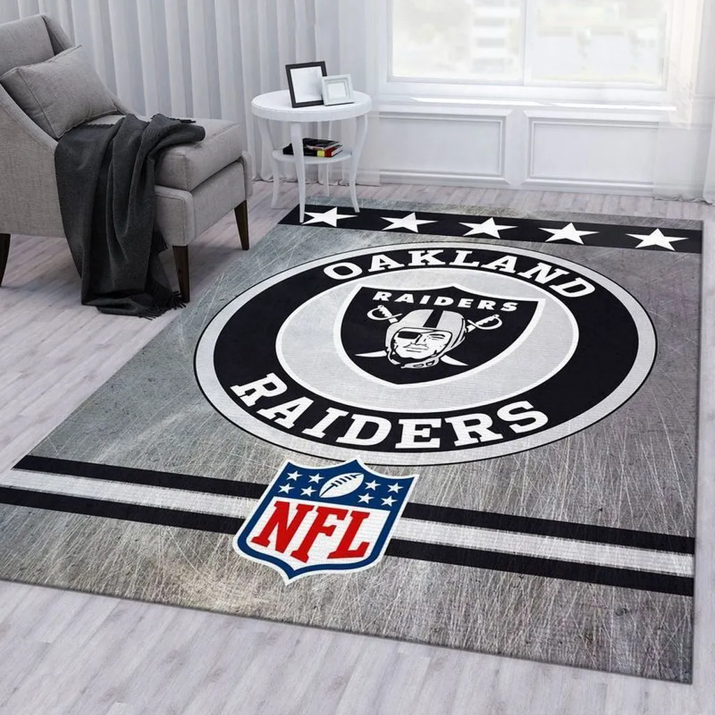 Oakland Raiders NFL Logo Area Rug for Living Room Decor Black and Gray