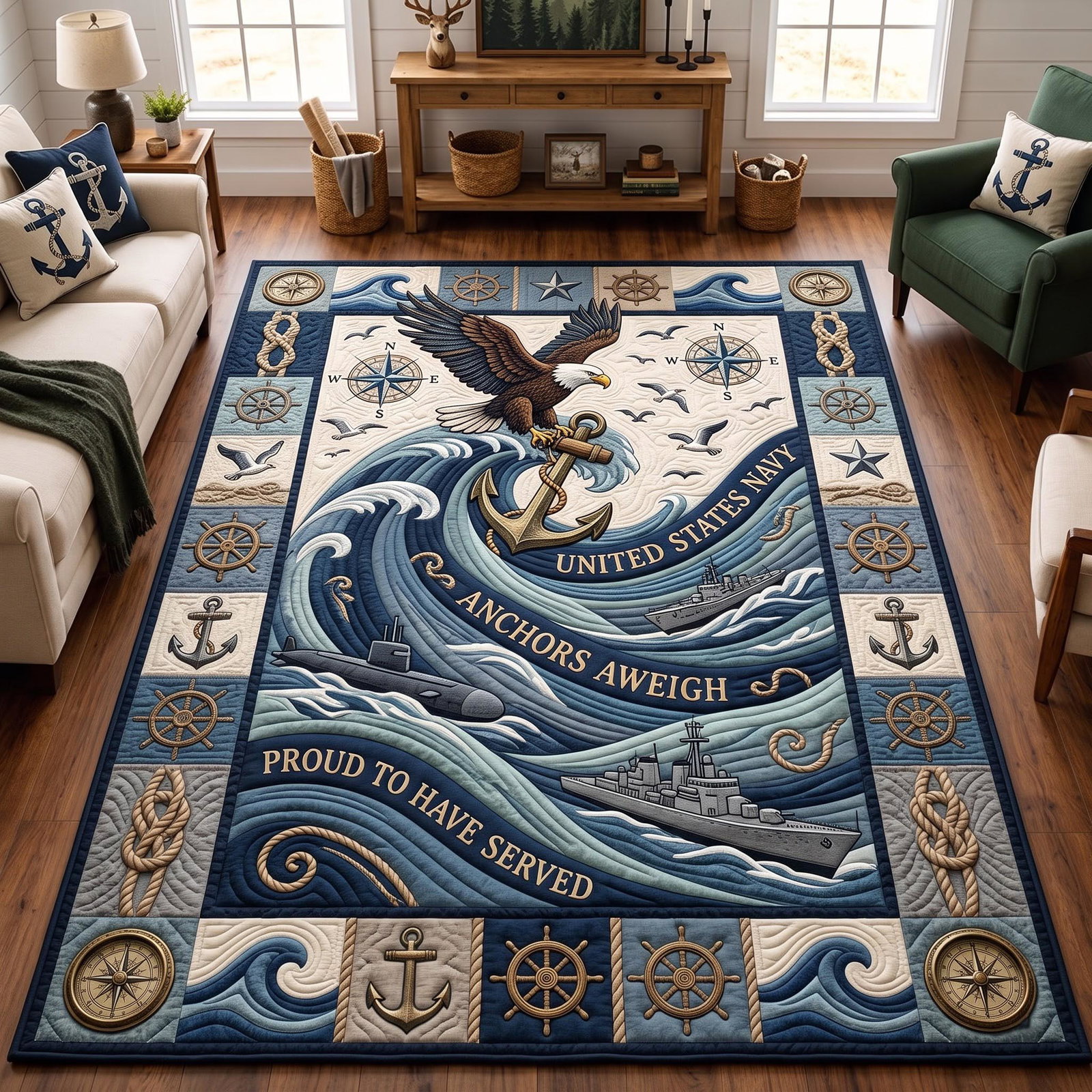 Ocean Wave Anchor Eagle Area Rug - Non-Slip Washable 3D Print Rug for Living Room & BedroomTVC210860