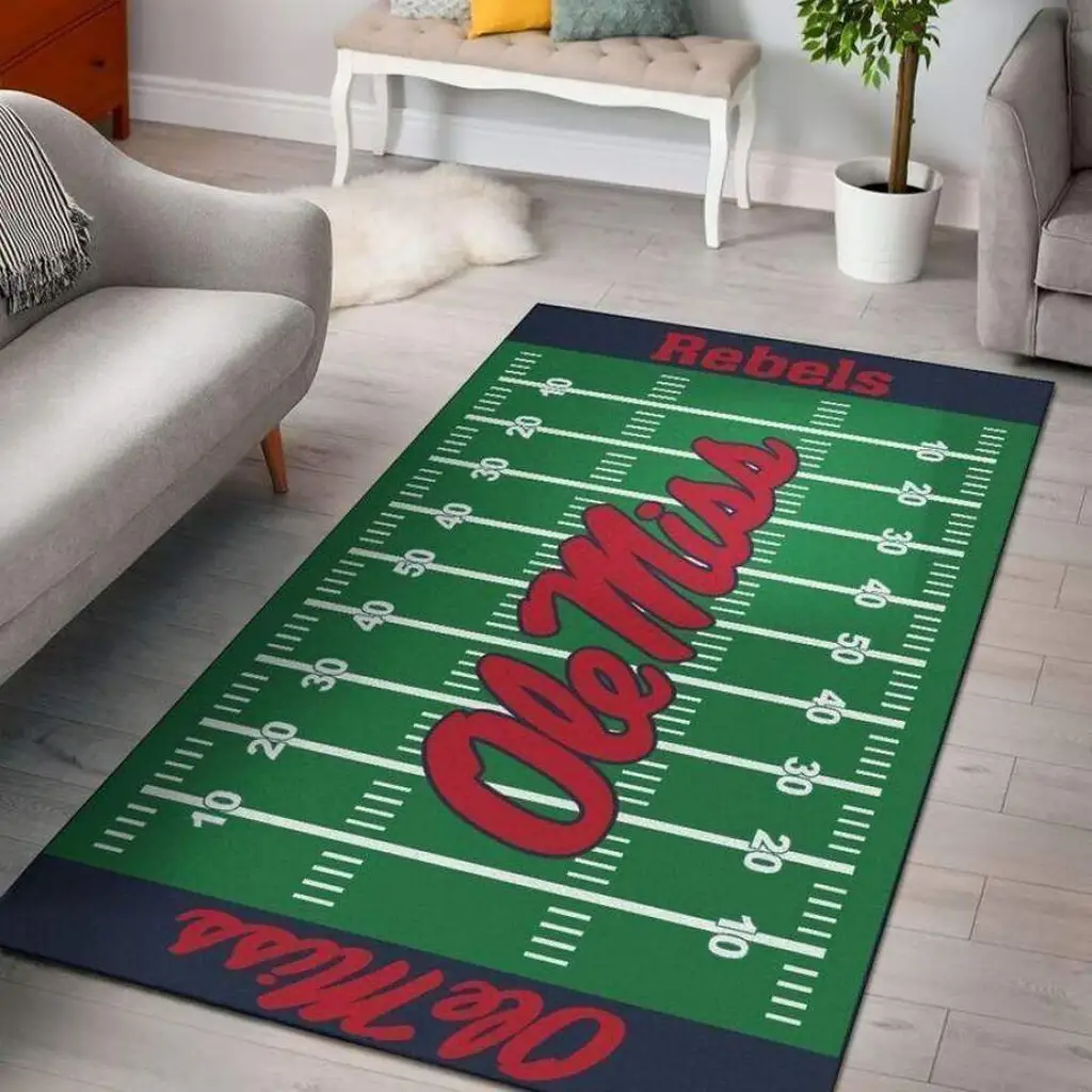 Ole Miss Rebels Rug - Football Field Team Decor Green and Red