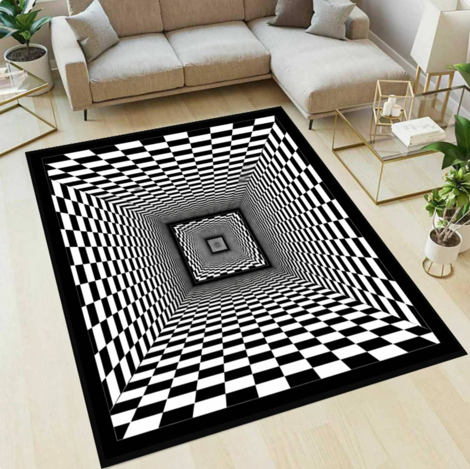 Optical Illusion Area Rug, Black and White Checkered 3D TunnelTVC1708394