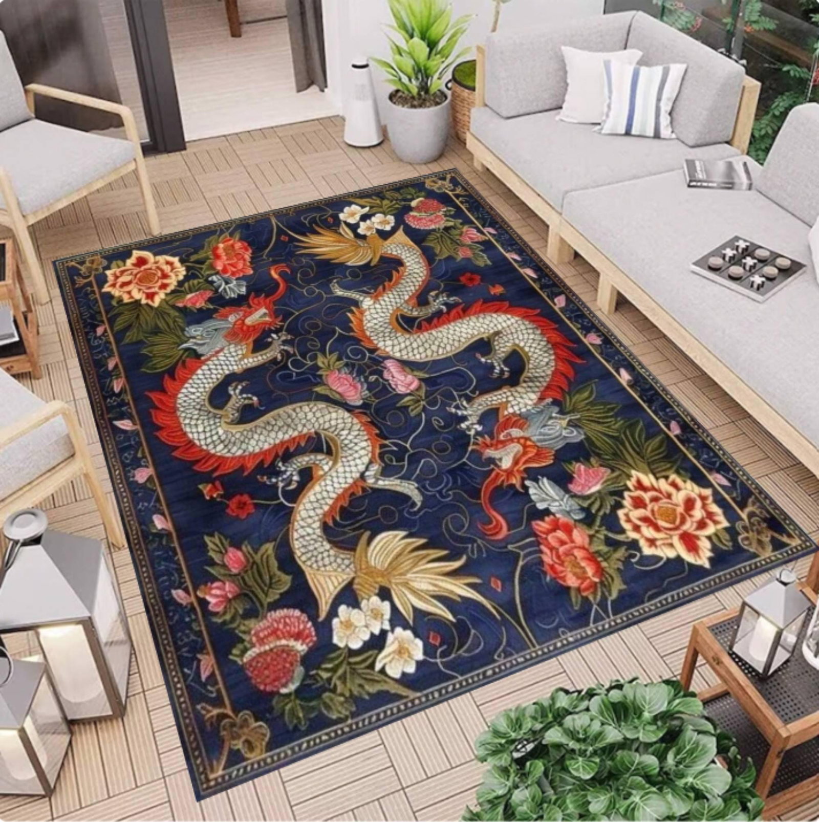 Oriental Dragon Area Rug, Vintage Floral Asian Inspired CarpetTVC1708394