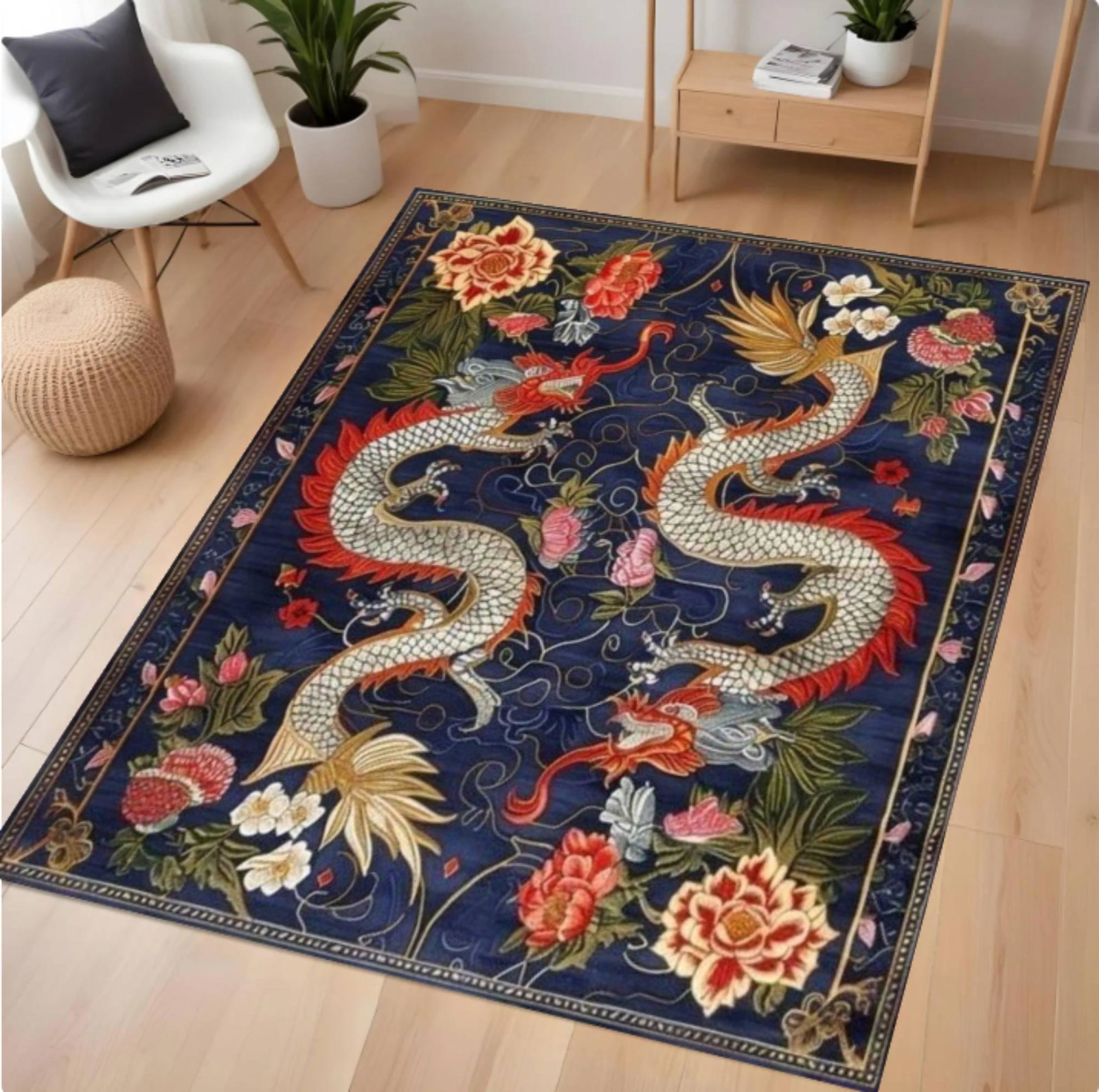 Oriental Rug Draken Vintage Floral Aziatisch Inspired Rug Navy BlueTVC1708373