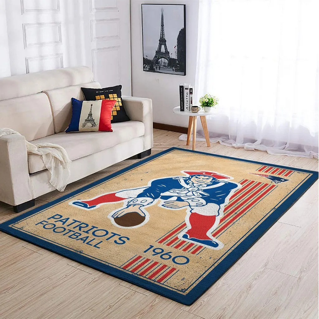 Patriots Football Rug Vintage 1960 Style Area Carpet Beige and Blue