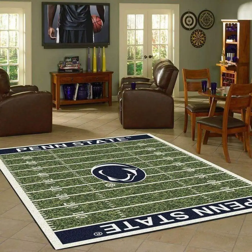 Penn State Football Field Rug for Game Room Decor Blue and Green