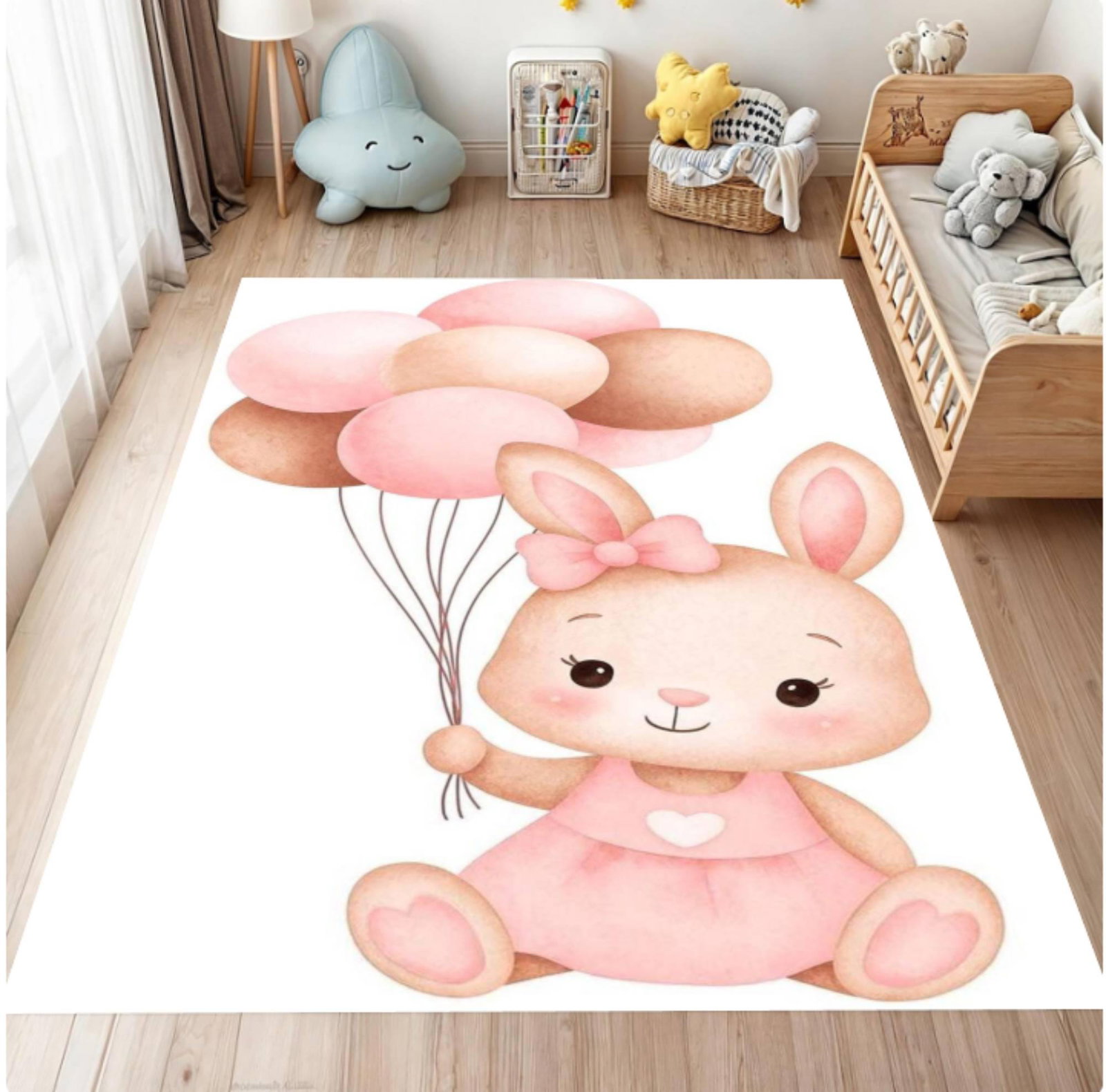 Pink Balloon Rabbit Baby Rug - Washable Kids' & Nursery Room RugTVC1708365