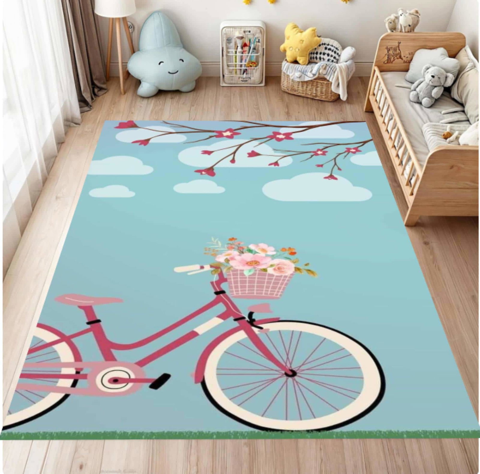 Pink Bicycle Floral Kids Room Rug BicycleTVC1708365