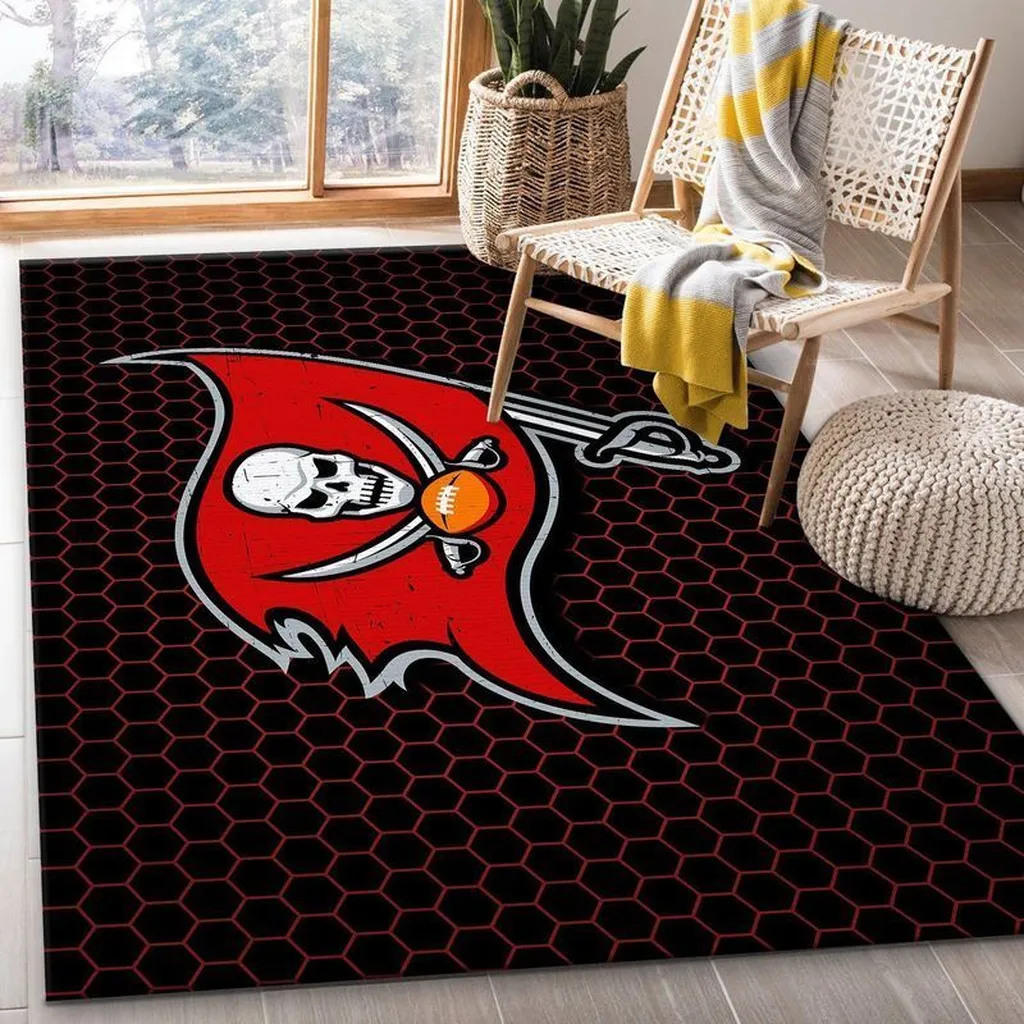 Pirate Skull Rug Hexagon Pattern for Living Room Decor Black and Red