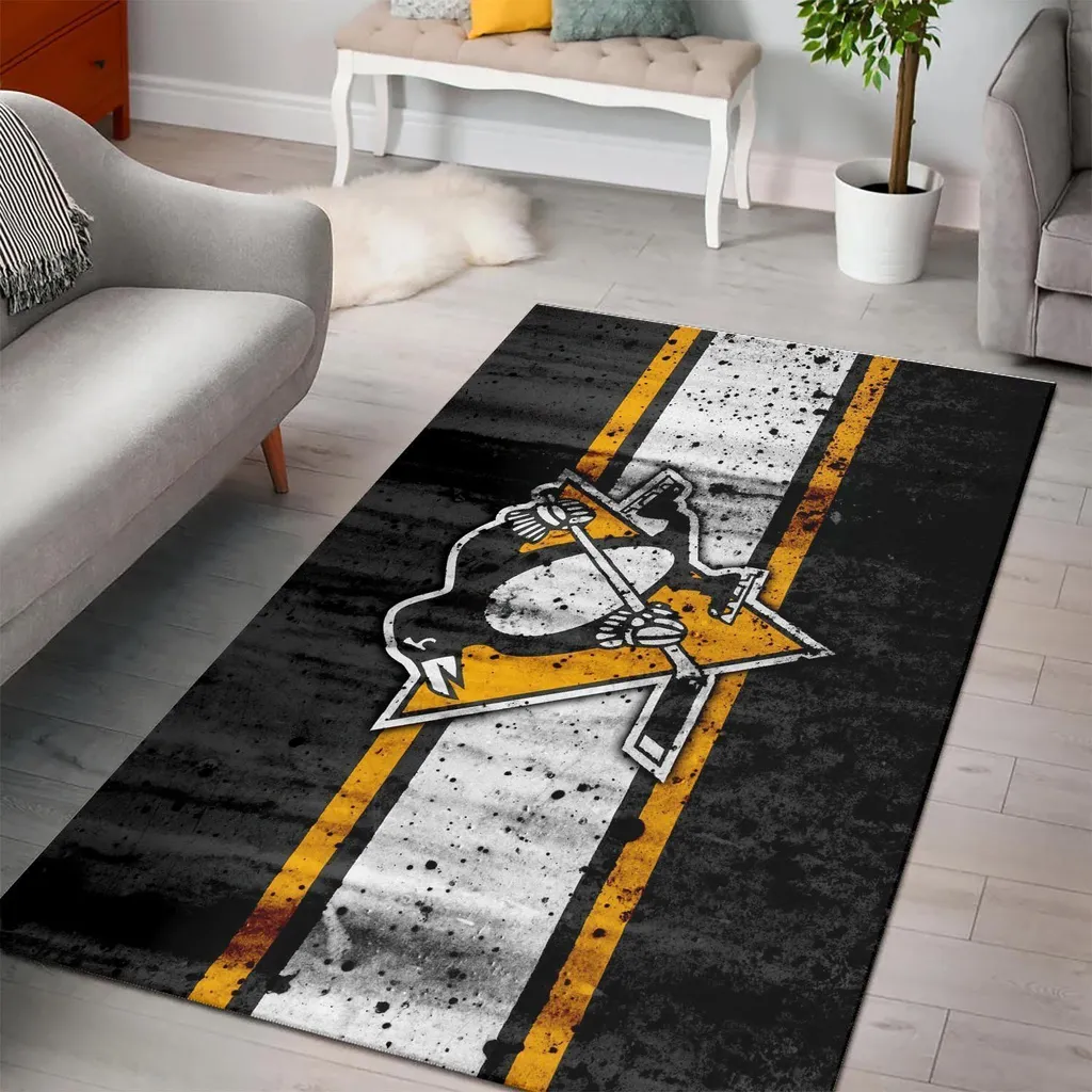 Pittsburgh Hockey Team Logo Rug for Living Room Black and Yellow