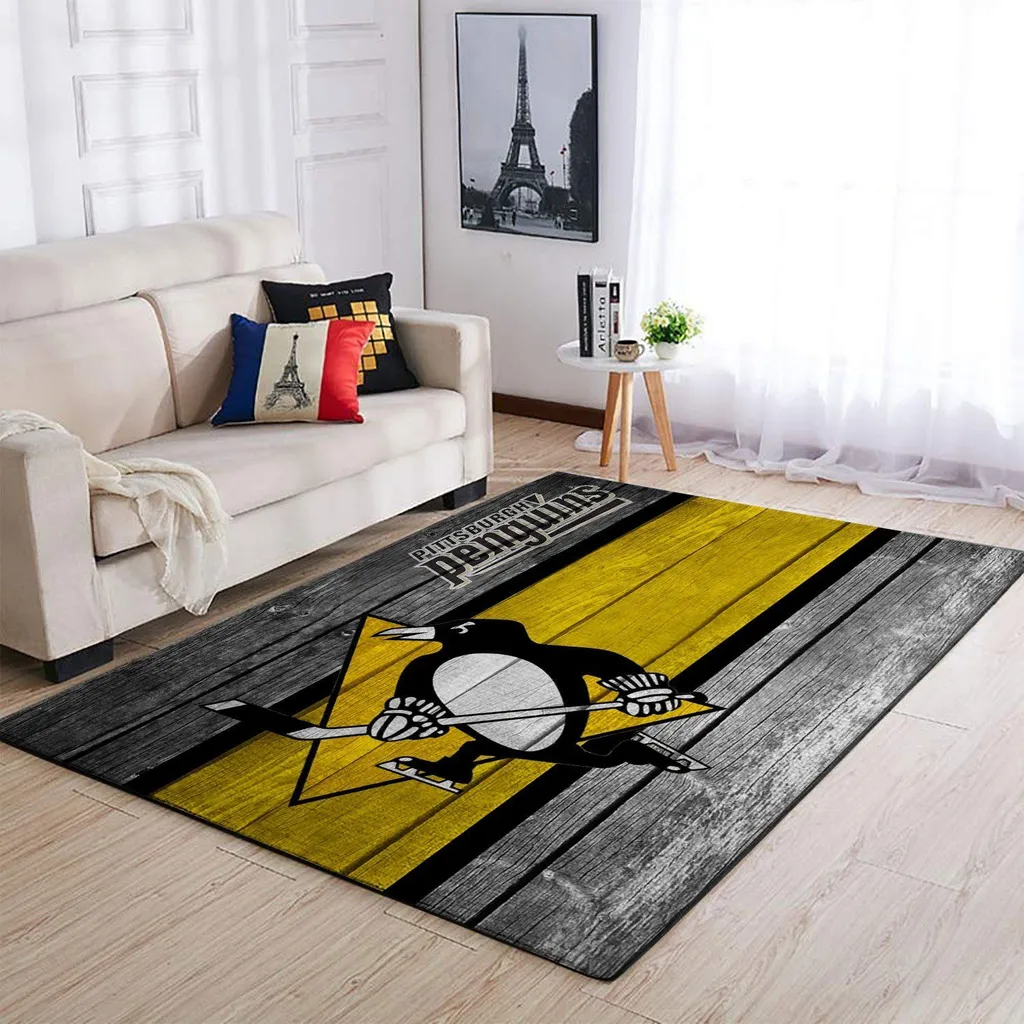 Pittsburgh Penguins Rug - Wooden Floor Style Area Black and Yellow