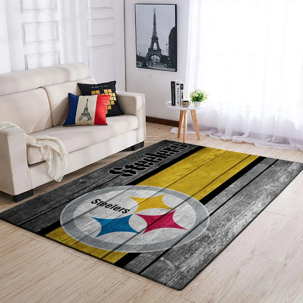 Pittsburgh Steelers Rug - Vintage Wood Floor Design Carpet Black and Yellow