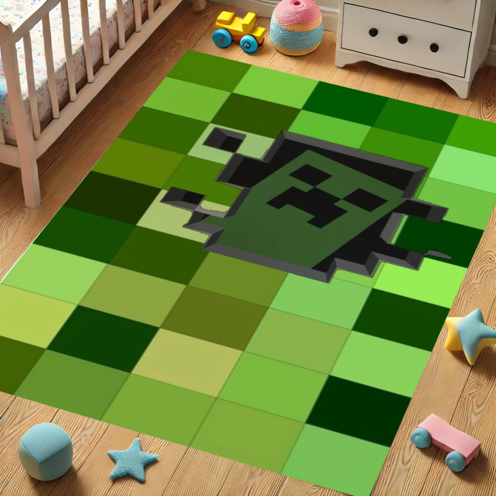 Pixel Art Gamer Rug, Green Block Pattern, Washable Non-SlipTVC1708395