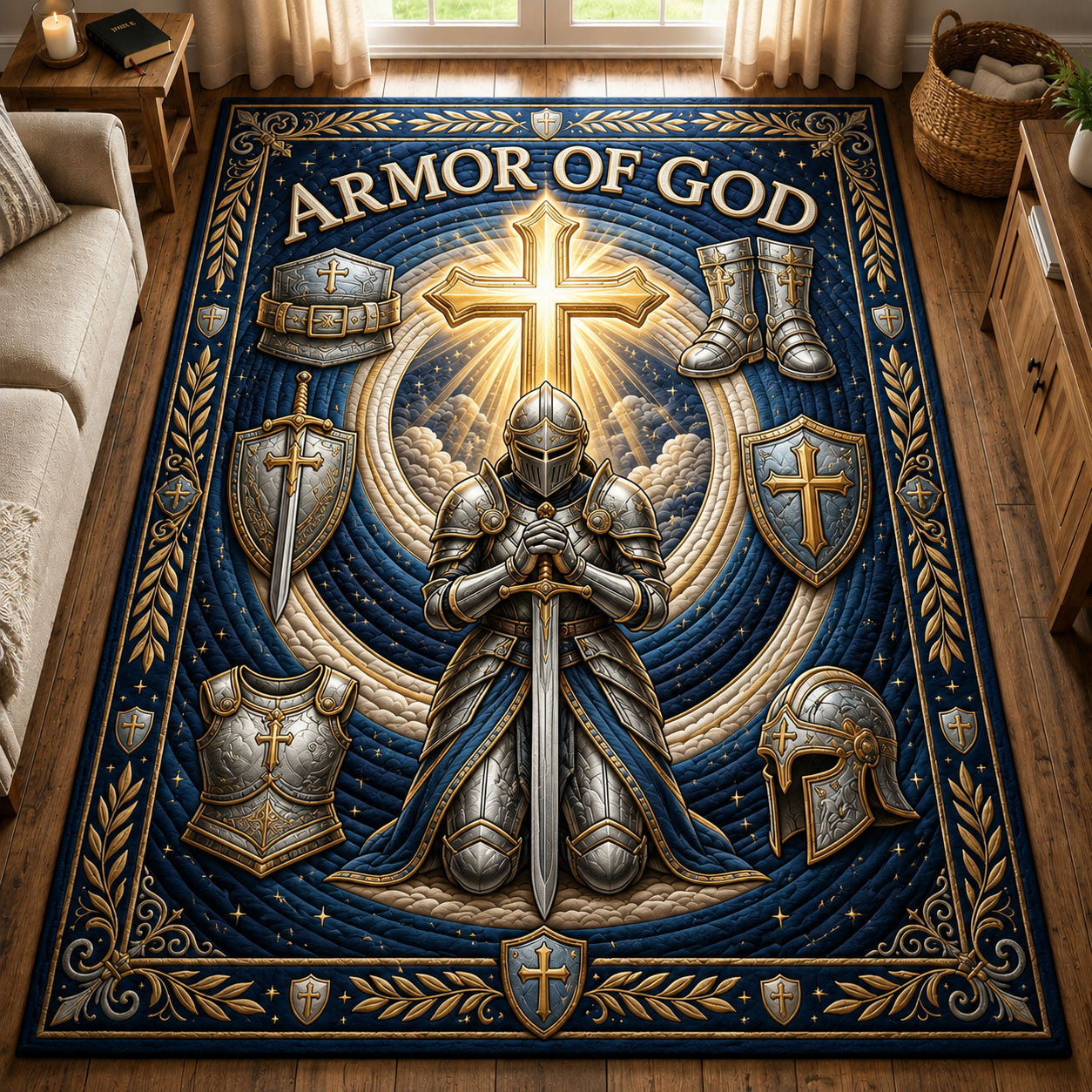 Praying Knight Golden Cross Area Rug - Non-Slip Washable 3D Print Rug for Living Room & BedroomTVC210856