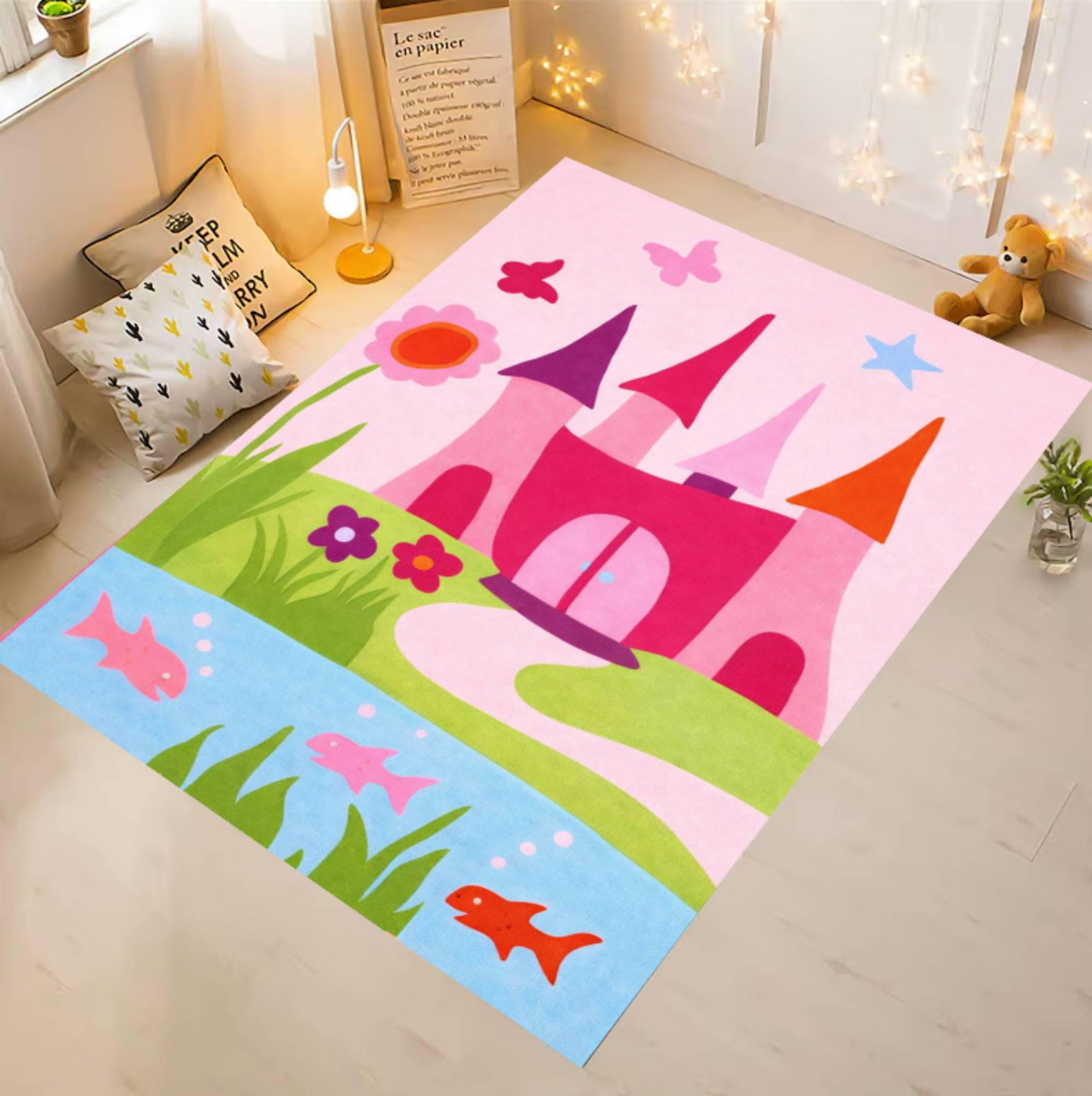 Princess Castle Playroom Rug â€“ Washable Pink Nursery CarpetTVC1708396