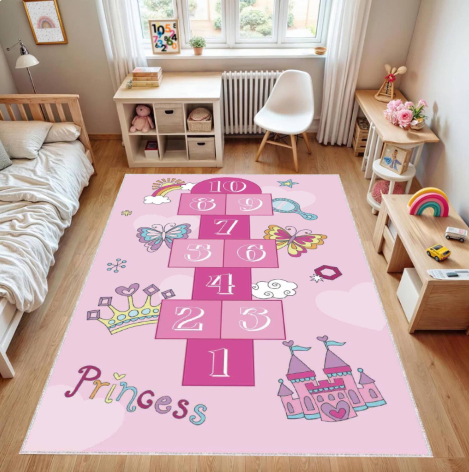 Princess Hopscotch Rug for Girls, Pink Kids Play MatTVC1708394