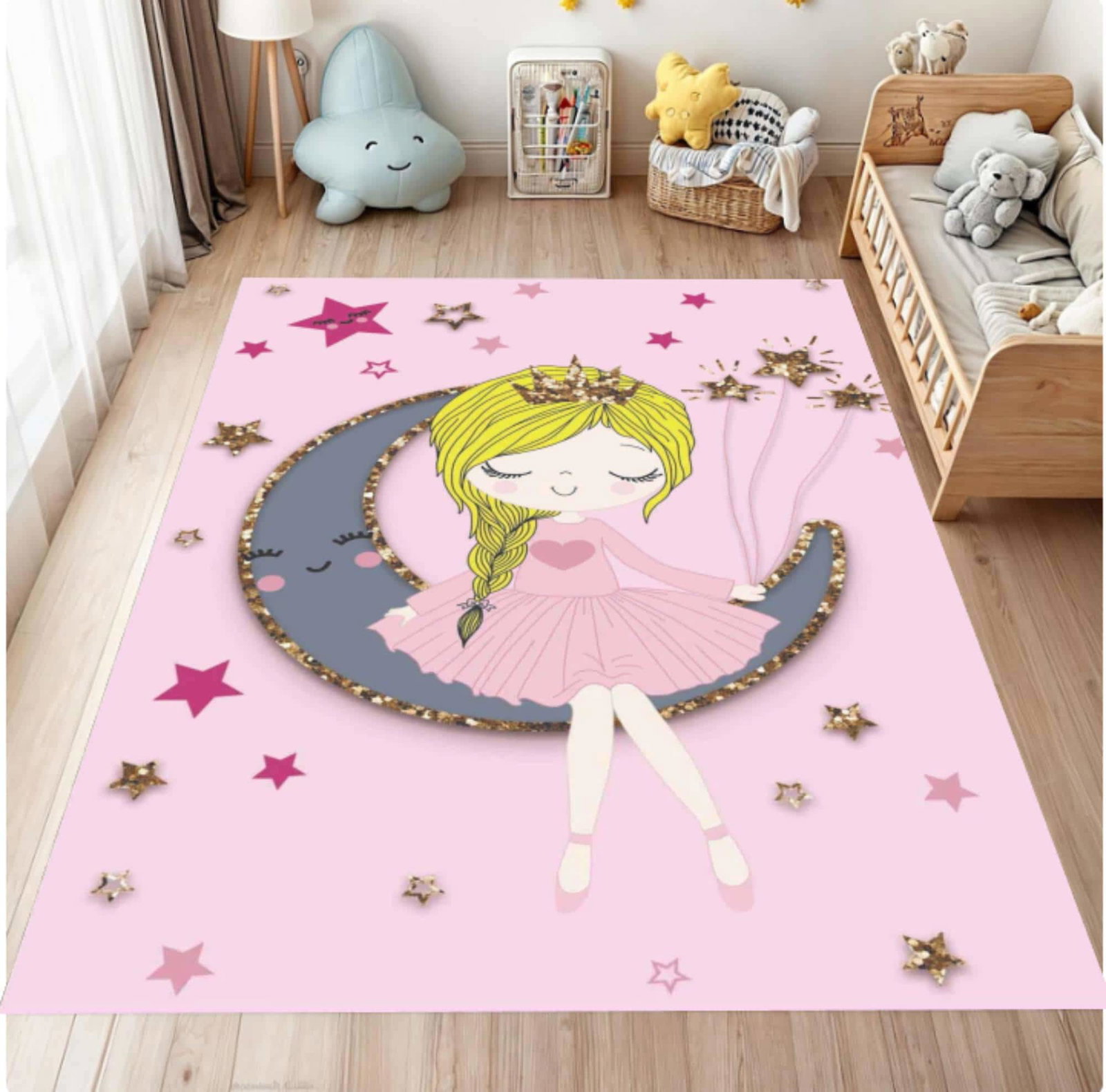 Princess Moon Pink Washable Non-slip Kids Room RugTVC1708361