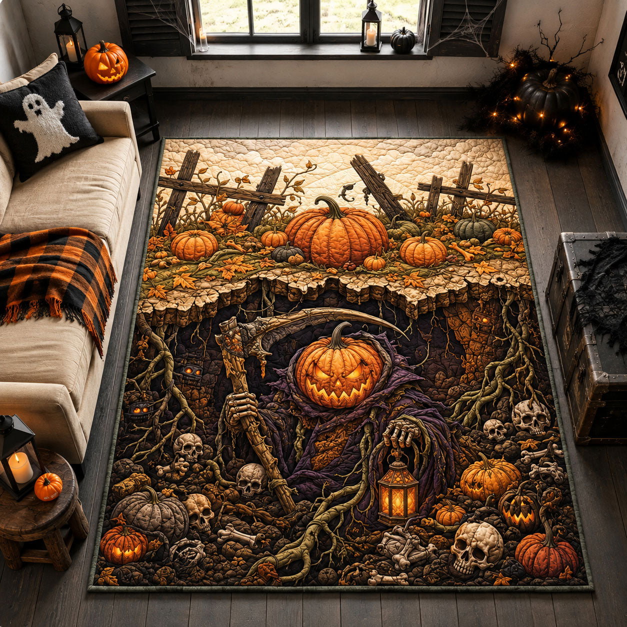 Pumpkin Patch Reaper Area Rug - Non-Slip Washable 3D Print Rug for Living Room & BedroomTVC210866