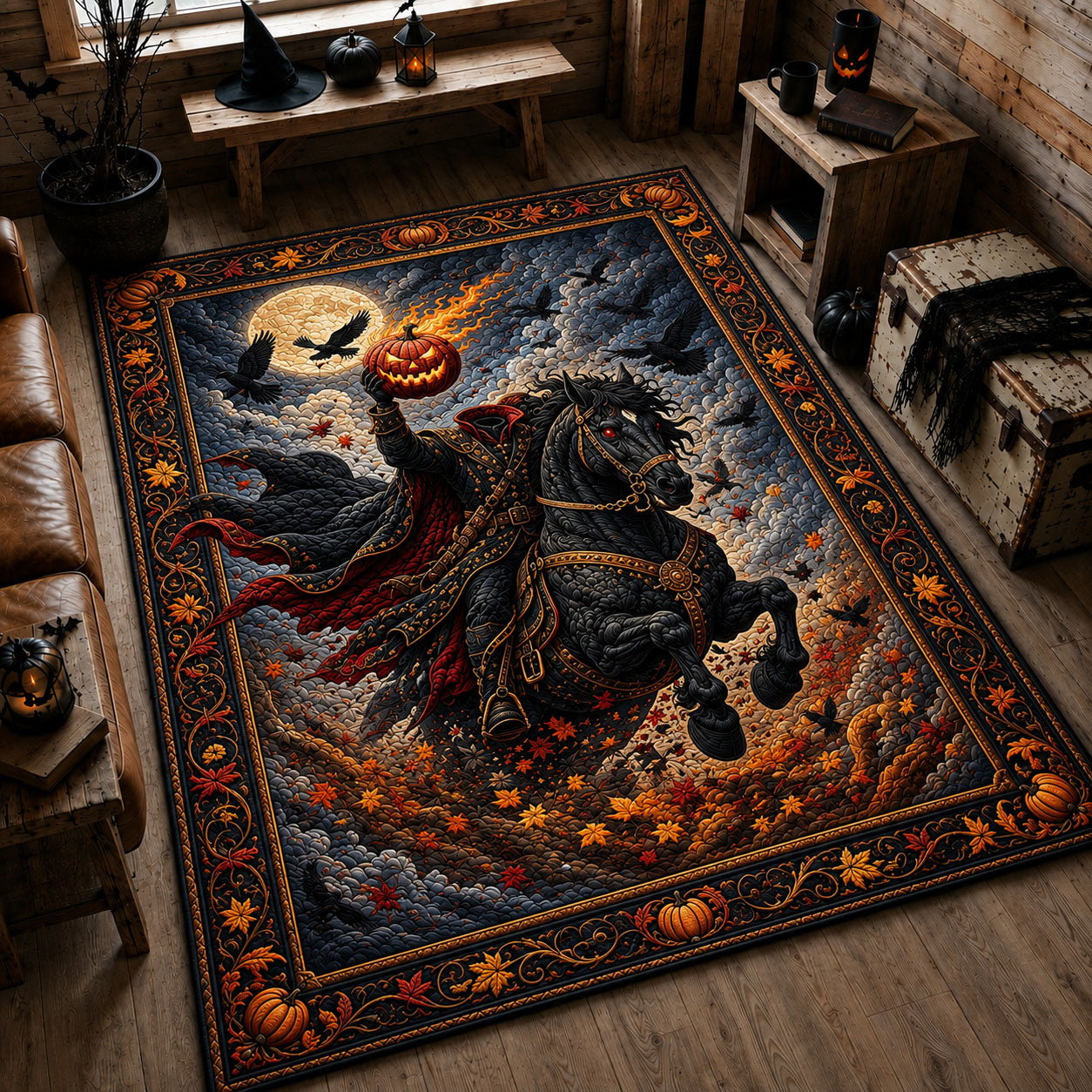 Pumpkin Rider Black Horse Area Rug - Non-Slip Washable 3D Print Rug for Living Room & BedroomTVC210866
