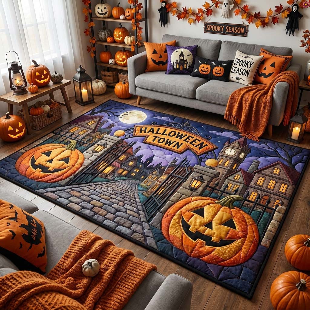 Pumpkin Village Night Area Rug - Non-Slip Washable 3D Print Rug for Living Room & BedroomTVC210870