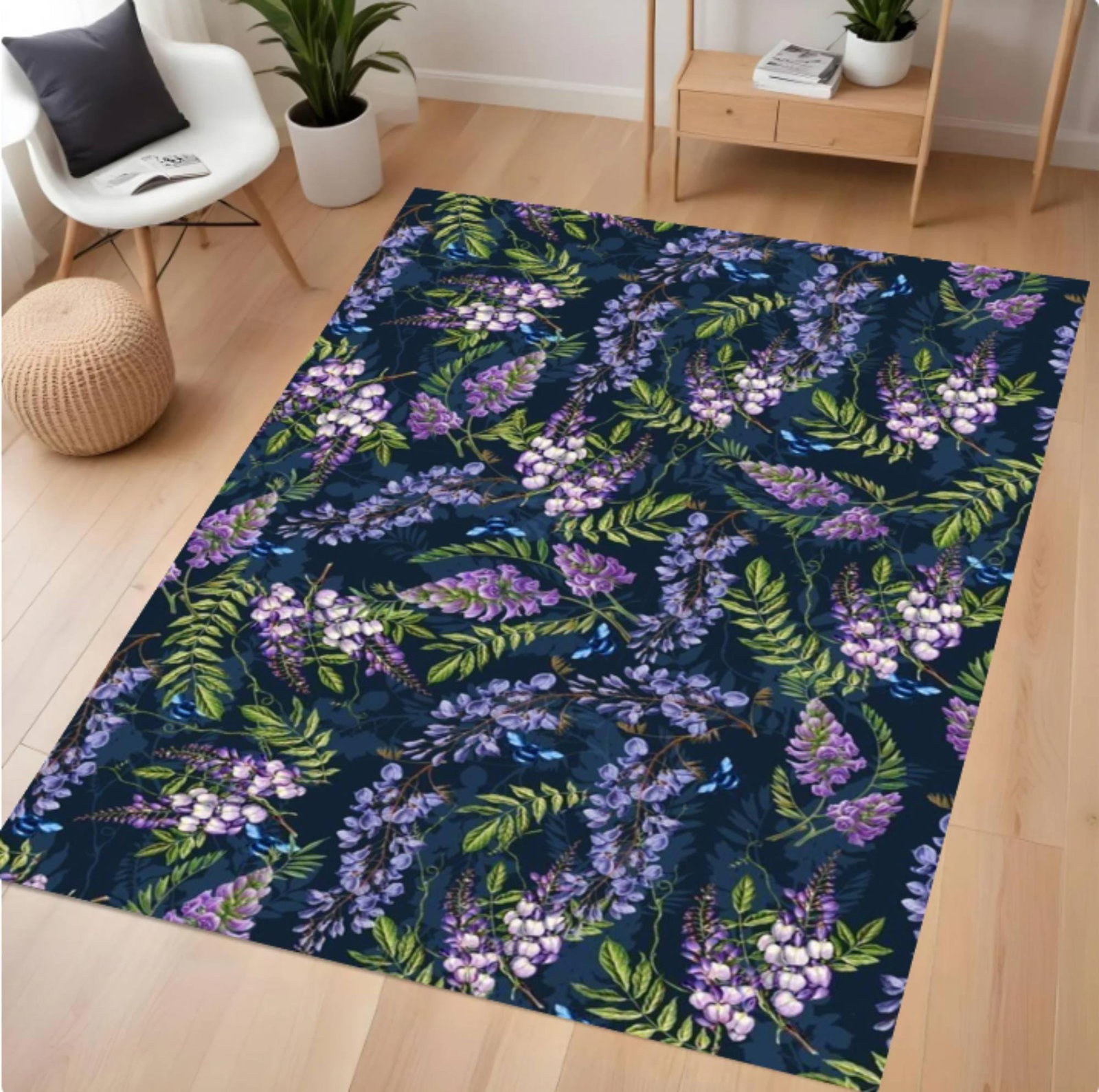 Purple Blauweregen Floral Rug Navy Blue Rug with Botanical GebiedTVC1708371