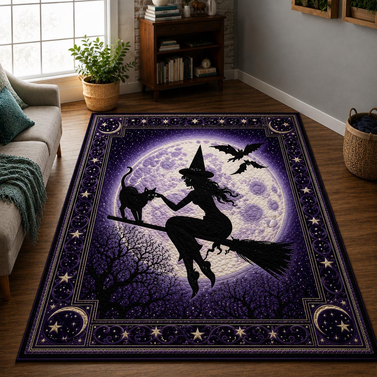 Purple Moon Broom Ride Area Rug - Non-Slip Washable 3D Print Rug for Living Room & BedroomTVC210859