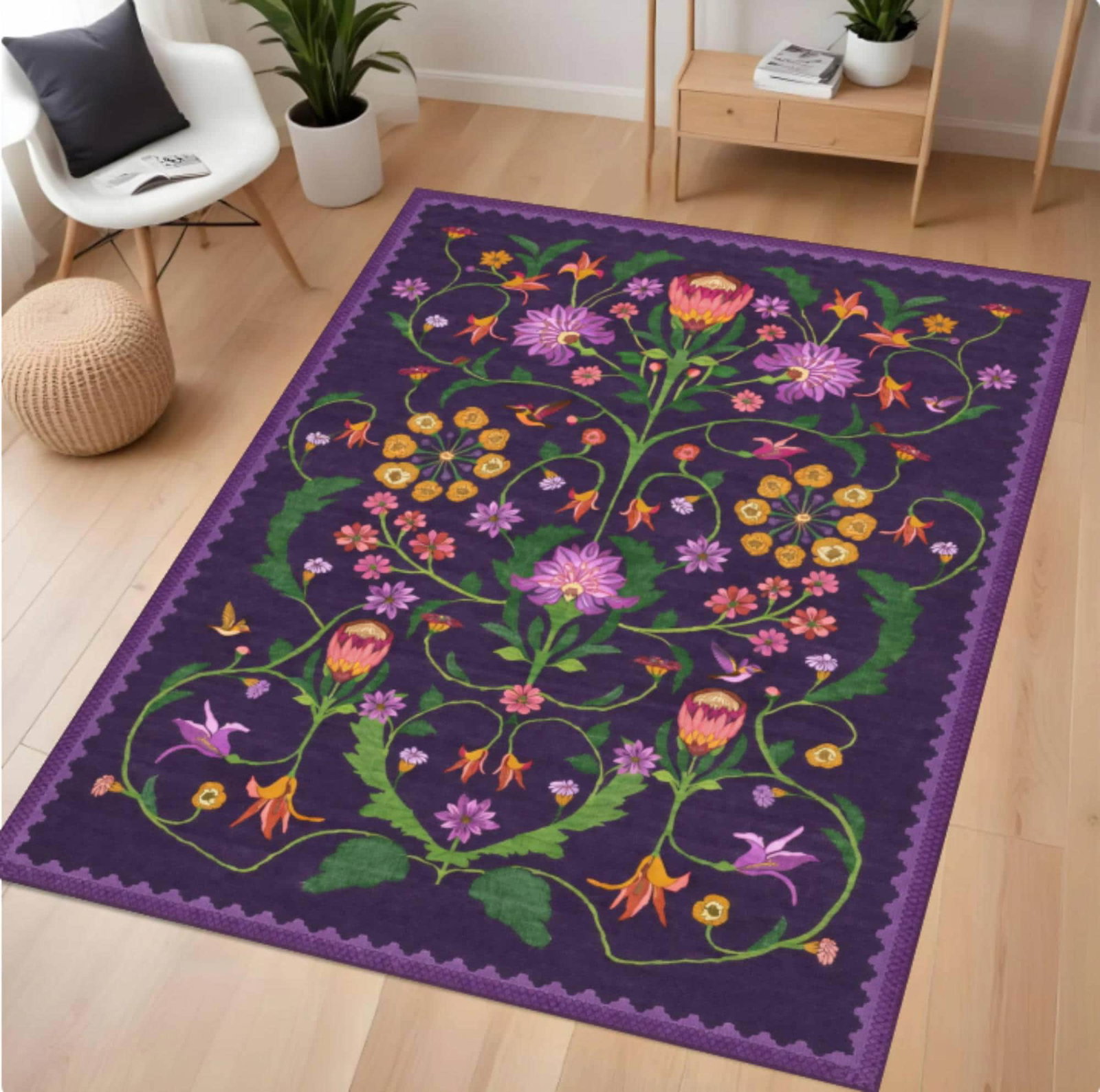 Purple Rug with Floral Washable Vintage Cottagecore-tapijtTVC1708370