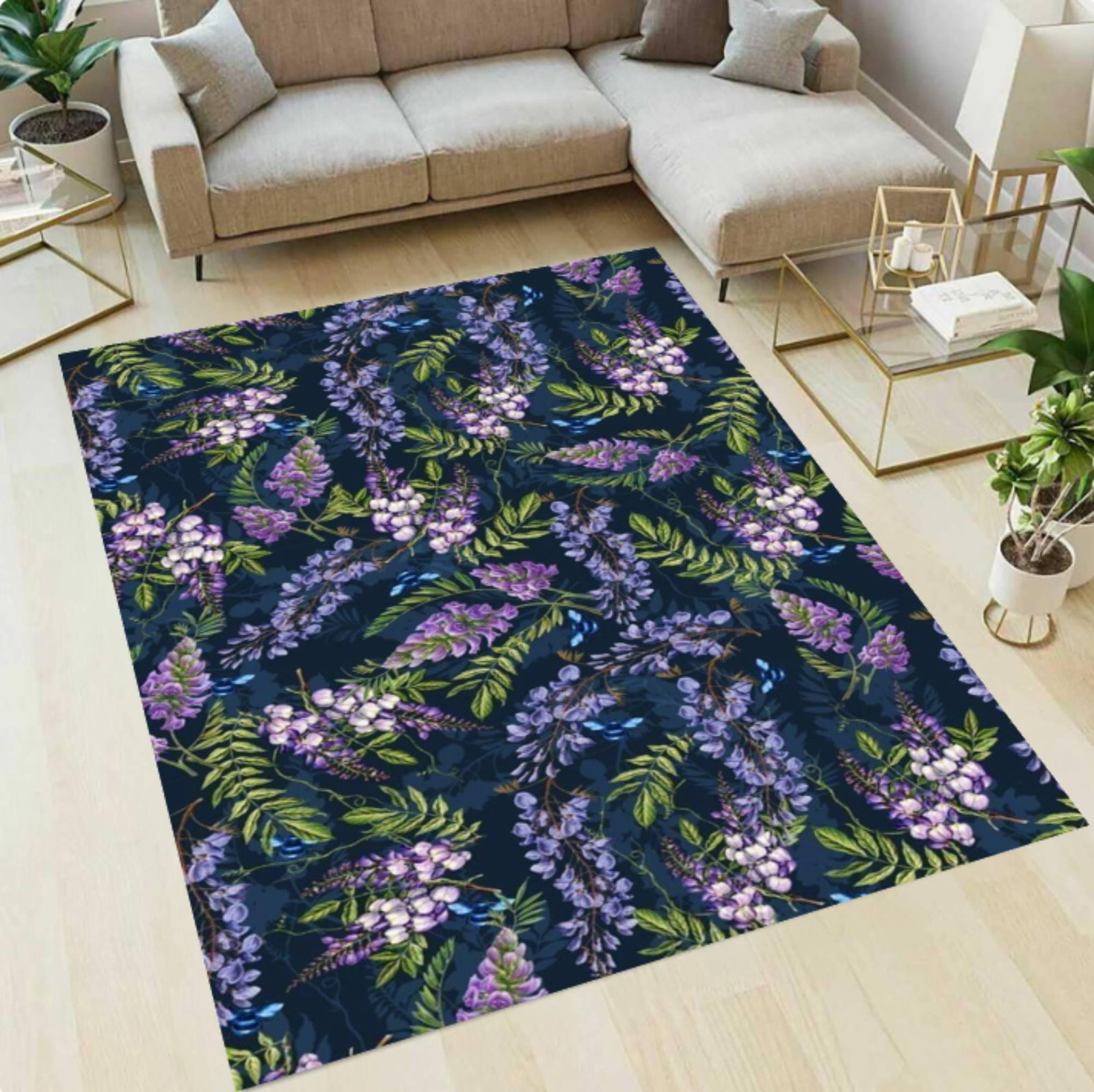 Purple Wisteria Floral Rug, Navy Botanical Garden DesignTVC1708393