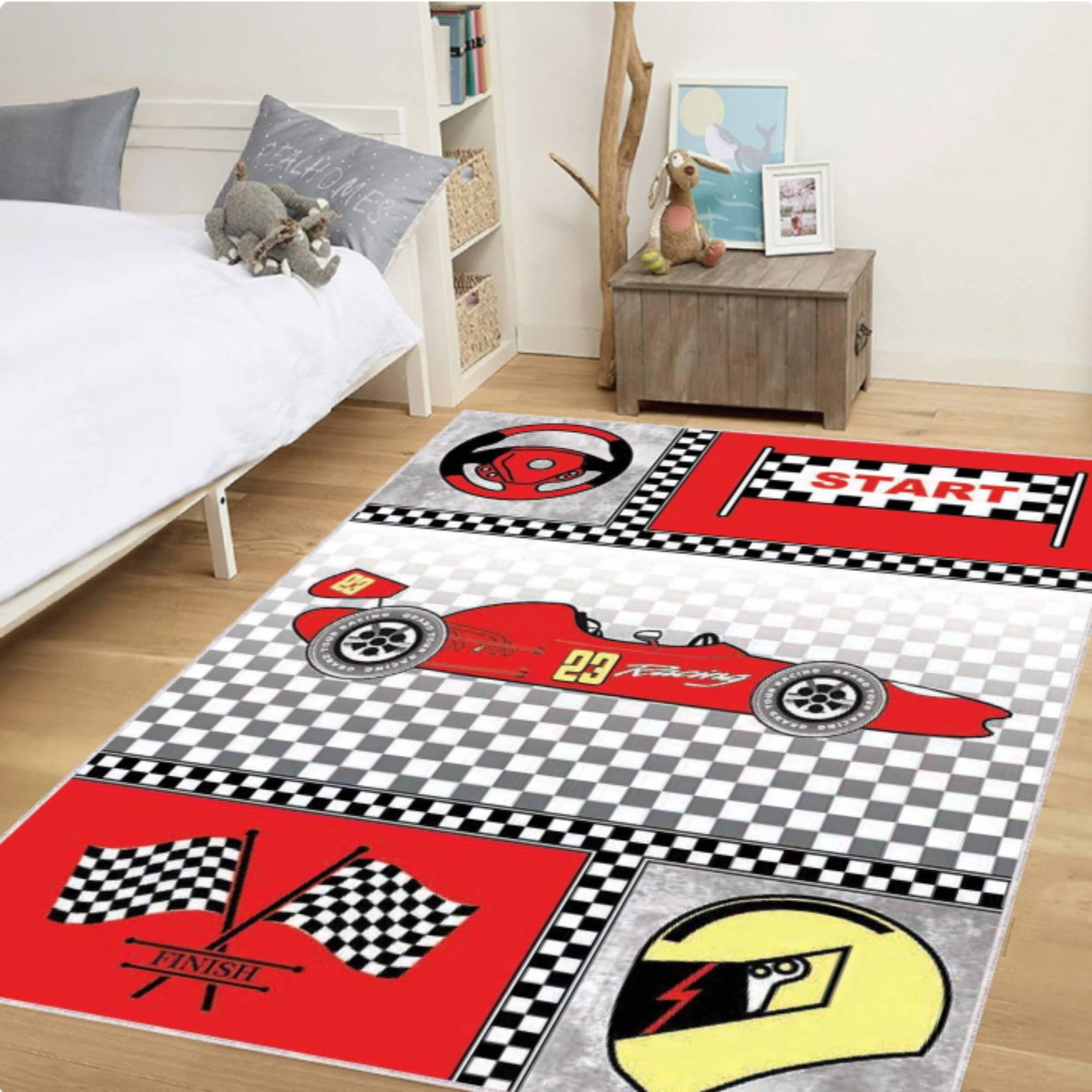 Race Car Kids Rug, Racing Theme Playroom Carpet, Washable rug, Non Slip Kids Room Rug, Car Lover Nursery Decor, Checkered Flag Racing MatTVC1708395