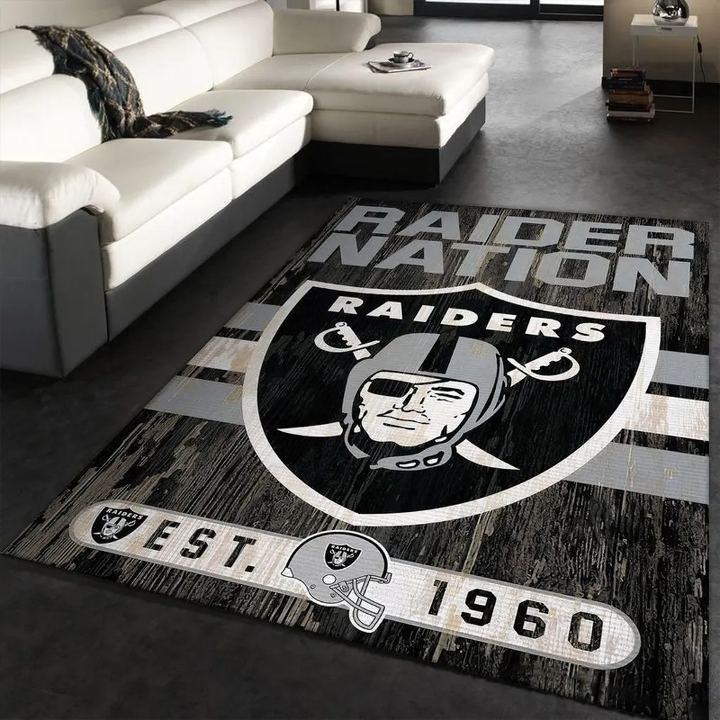 Raiders Area Rug Established 1960 Design Black and White