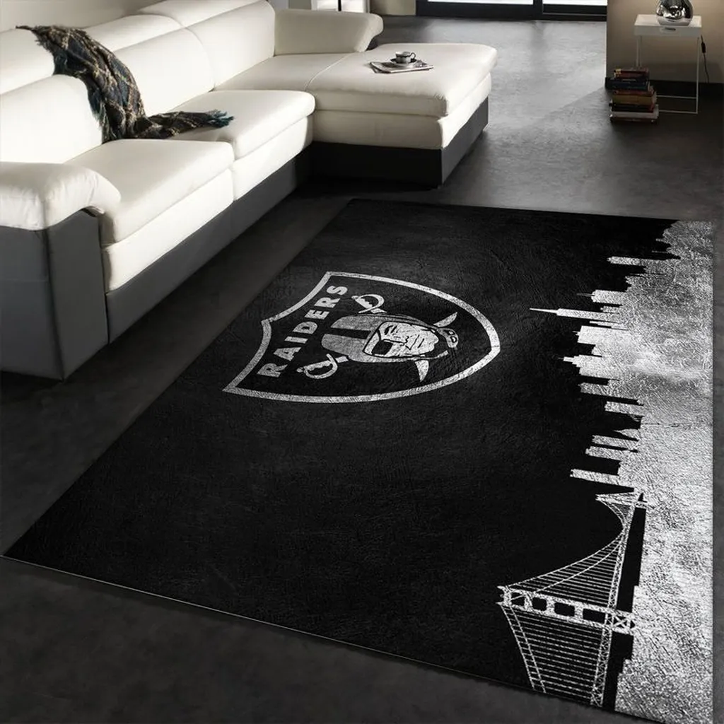 Raiders Area Rug with Modern Cityscape Design Black and White