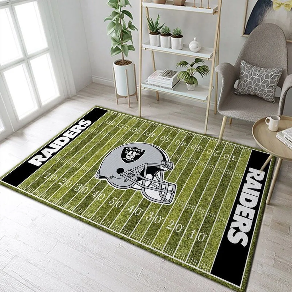 Raiders Football Field Rug for Sports Fans Room Decor Black and Green