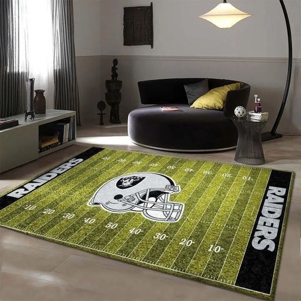 Raiders Football Field Rug Game Room Decoration Black and Green